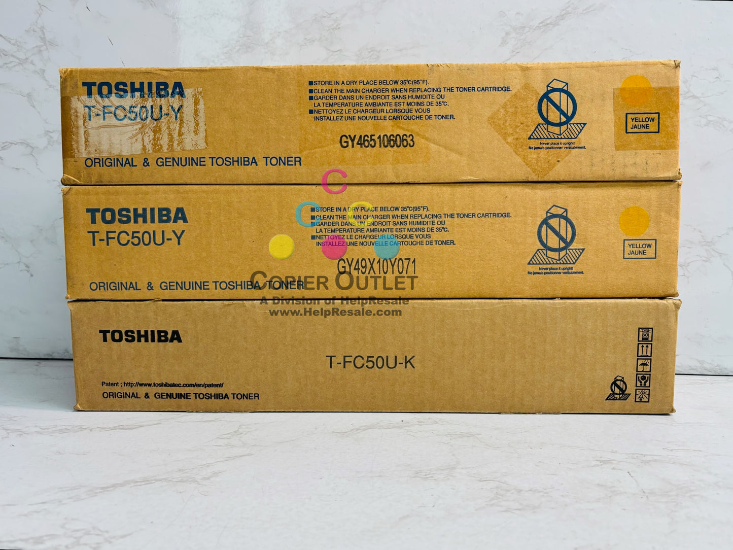 3 Genuine Toshiba e2555C,3055C,5055C Yellow & Black Toners T-FC50UY, T-FC50UK