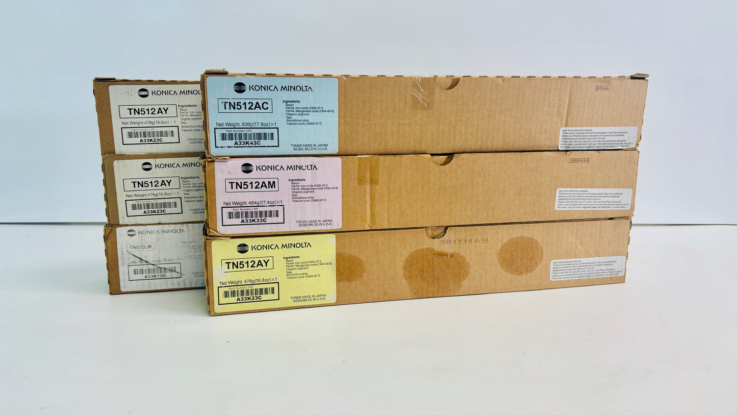 6 Genuine Konica C454e C, M, Y, Y, K Toners TN512AC, AM, AY, JK Plain Boxes