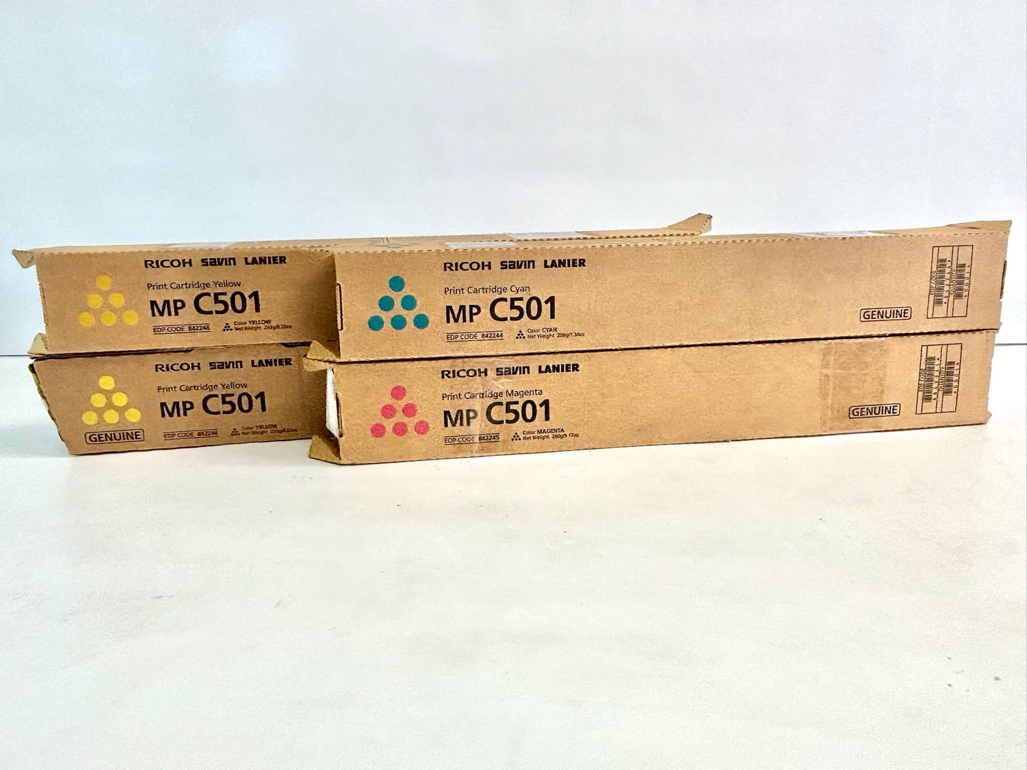 4 Genuine Ricoh MP C501 Cyan, Magenta, Yellow Toners 842244, 842245, 842246
