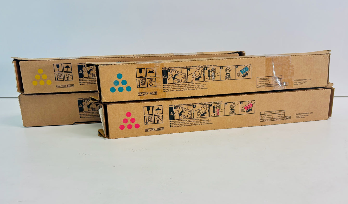 4 Genuine Ricoh MP C501 Cyan, Magenta, Yellow Toners 842244, 842245, 842246