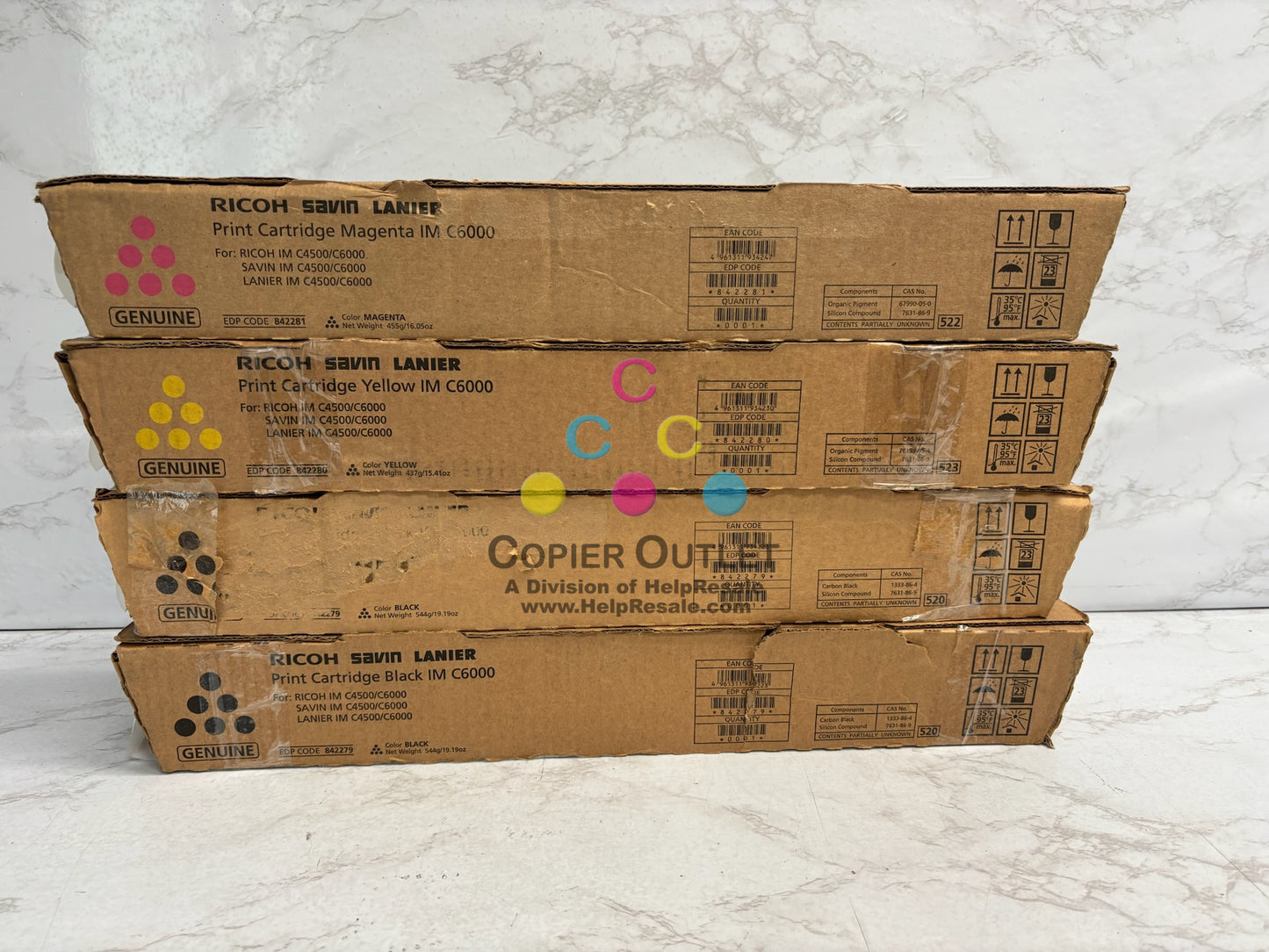 4 Genuine Ricoh IMC4500, C6000 MYKK Toners 842279, 842280, 842281 (No Cyan)