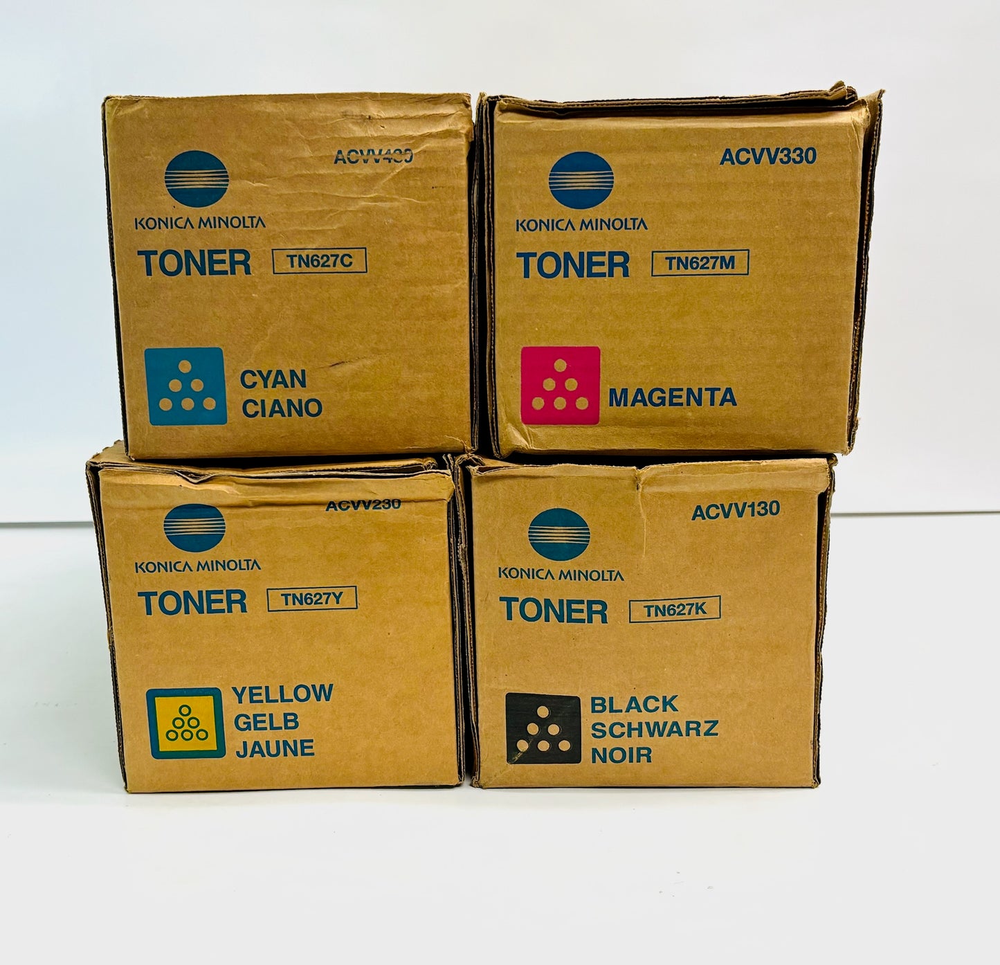 4 Genuine Konica TN627 C12000, C14000 Cyan, Magenta, Yellow & Black Toners TN627CMYK