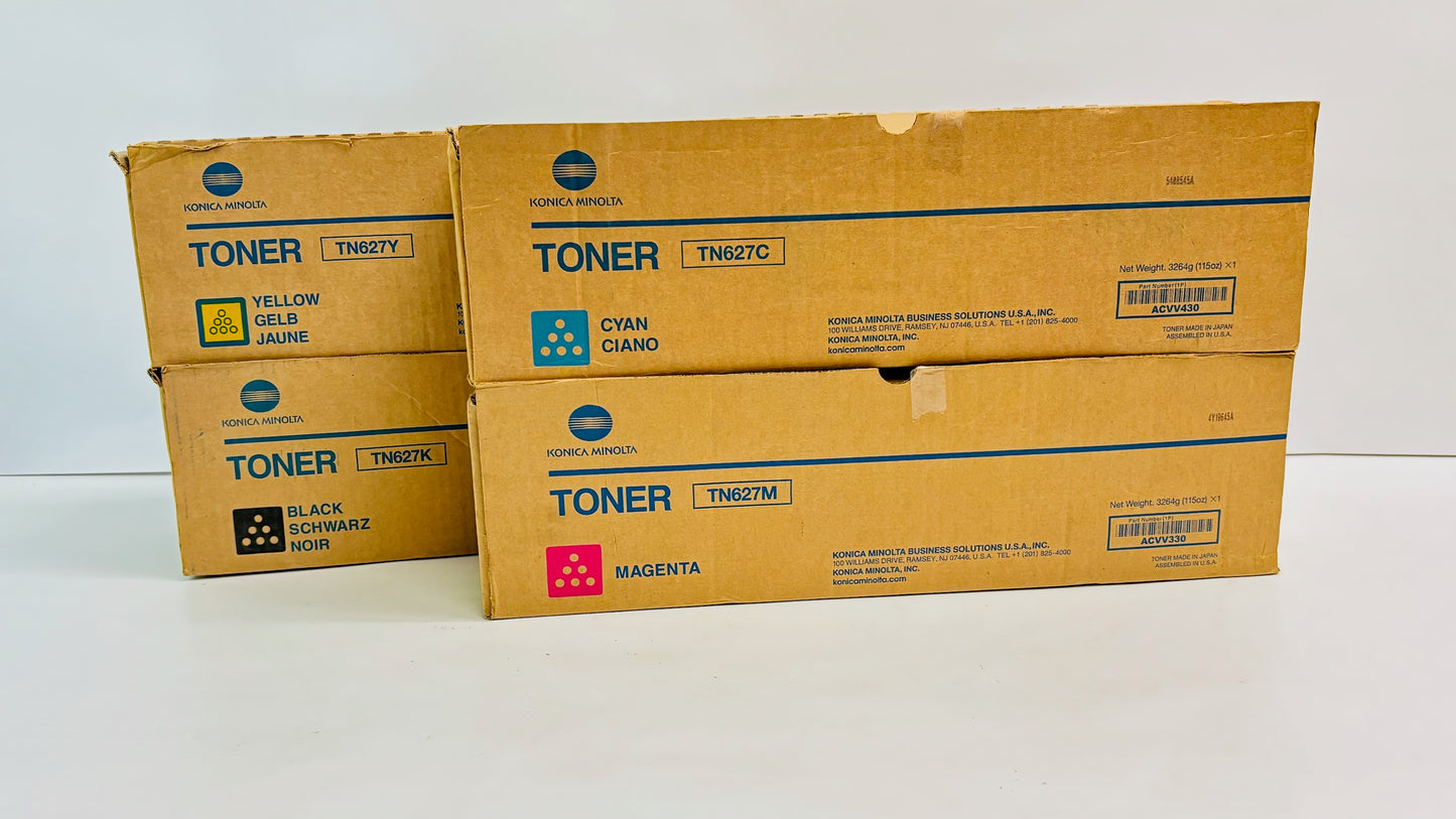 4 Genuine Konica TN627 C12000, C14000 Cyan, Magenta, Yellow & Black Toners TN627CMYK