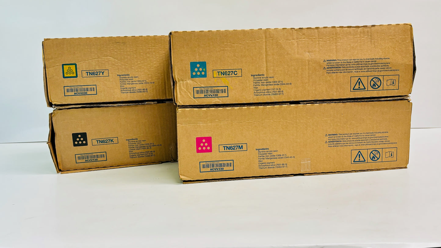 4 Genuine Konica TN627 C12000, C14000 Cyan, Magenta, Yellow & Black Toners TN627CMYK