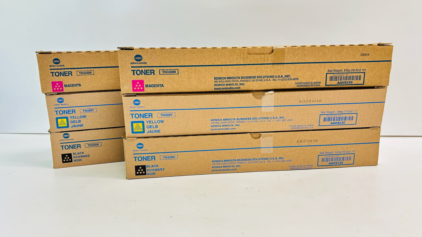 6 Genuine Konica BH C250i,C251i,C300i  Magenta, Yellow & Black Toners TN328MMYYKK