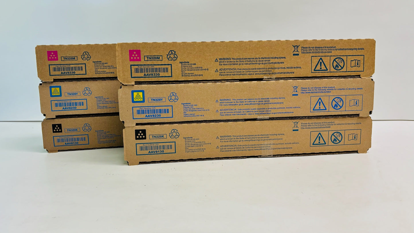 6 Genuine Konica BH C250i,C251i,C300i  Magenta, Yellow & Black Toners TN328MMYYKK