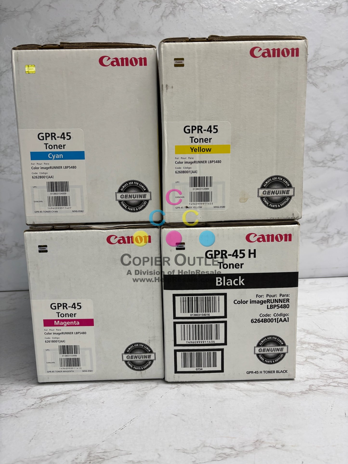 4 Genuine Canon Color imageRuuner LBP5480 CMYK Toners GPR-45H K, GPR-45CMY
