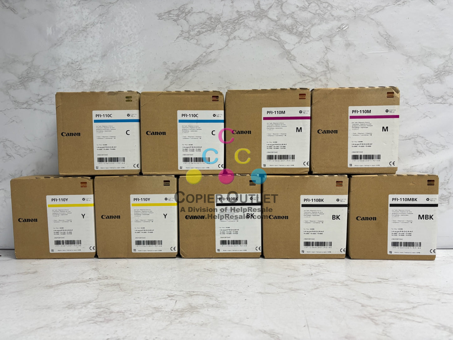 9 OEM Canon TX-2000,TX-3000,TX-4000 Inks PFI-110 CCMMYY,BK,BK,MBK (2022-2024)