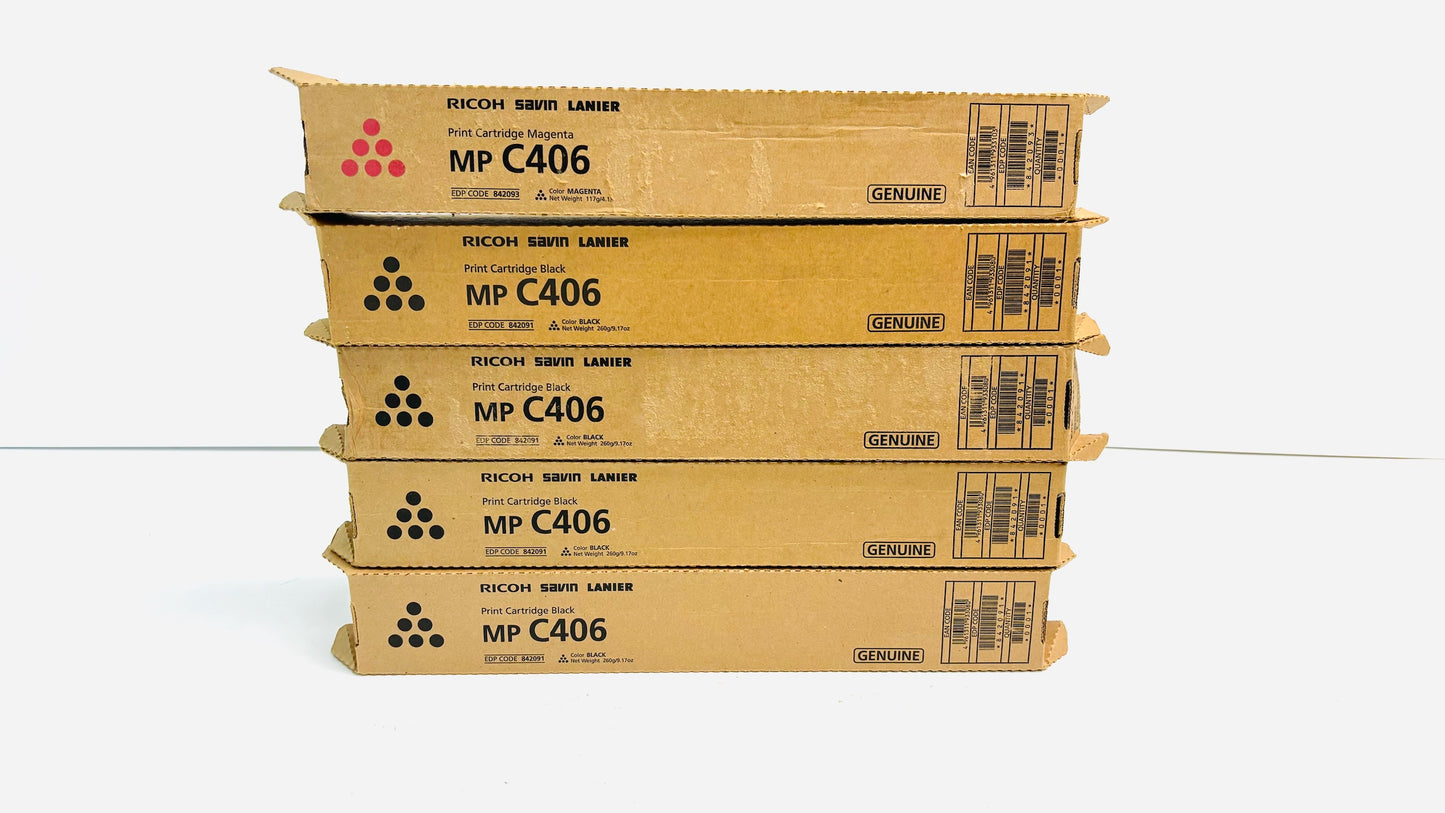5 Genuine Ricoh MP C306/C307/C406 Magenta and  Black Toners 842091, 842093