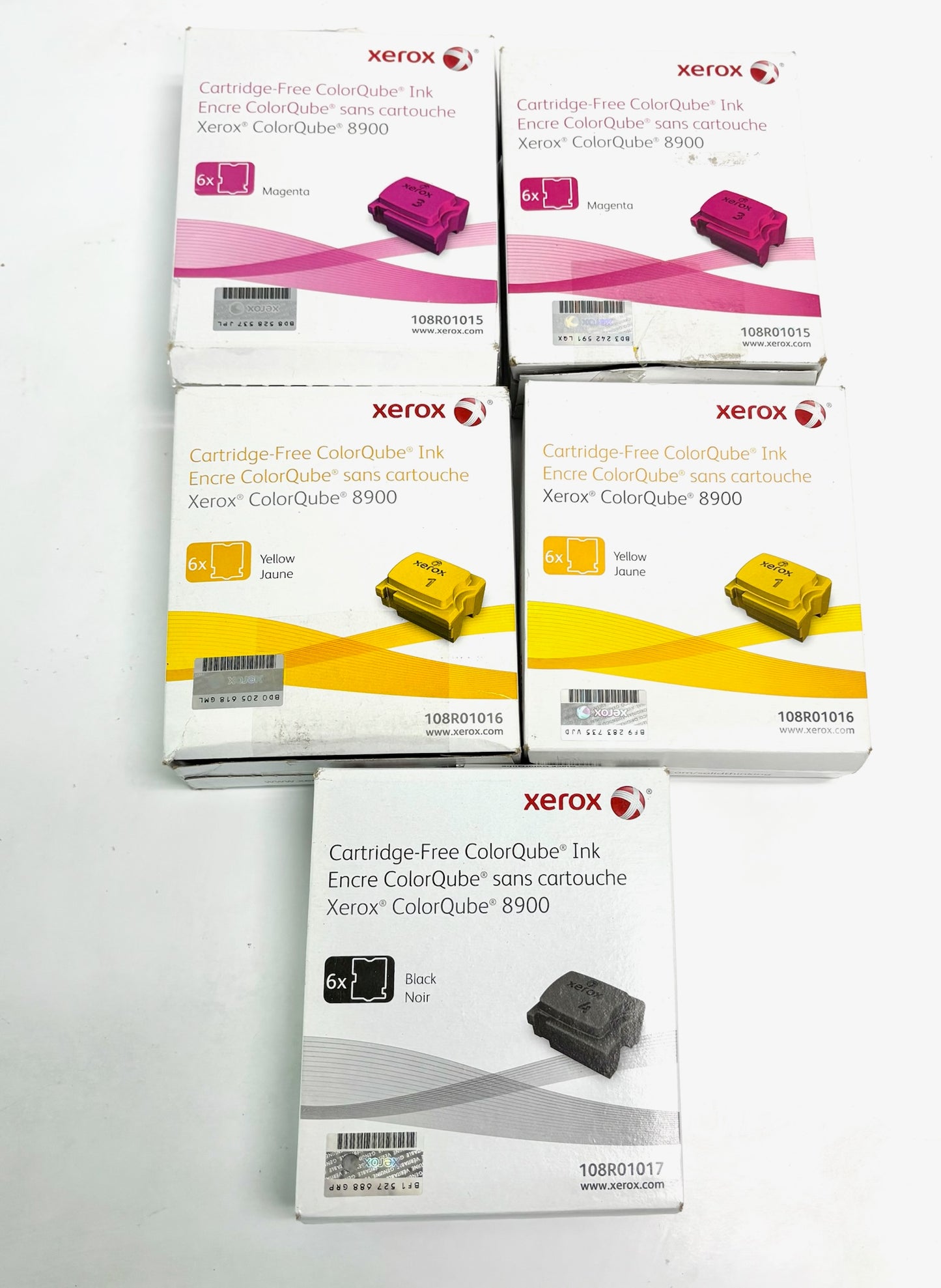 5 Open OEM Xerox Colorqube 8900 MMYYK Ink cubes 108R01015,1016,1017 (6 per box)