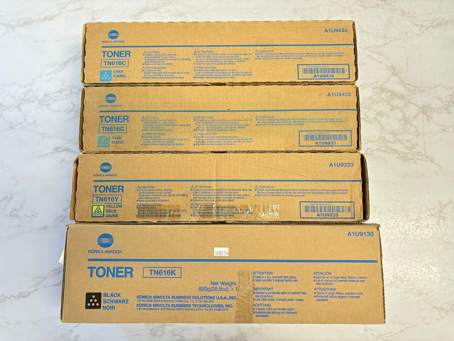 4 New OEM Konica Minolta BH C6000, C7000 TN616 CCYK Toners (No Magenta)