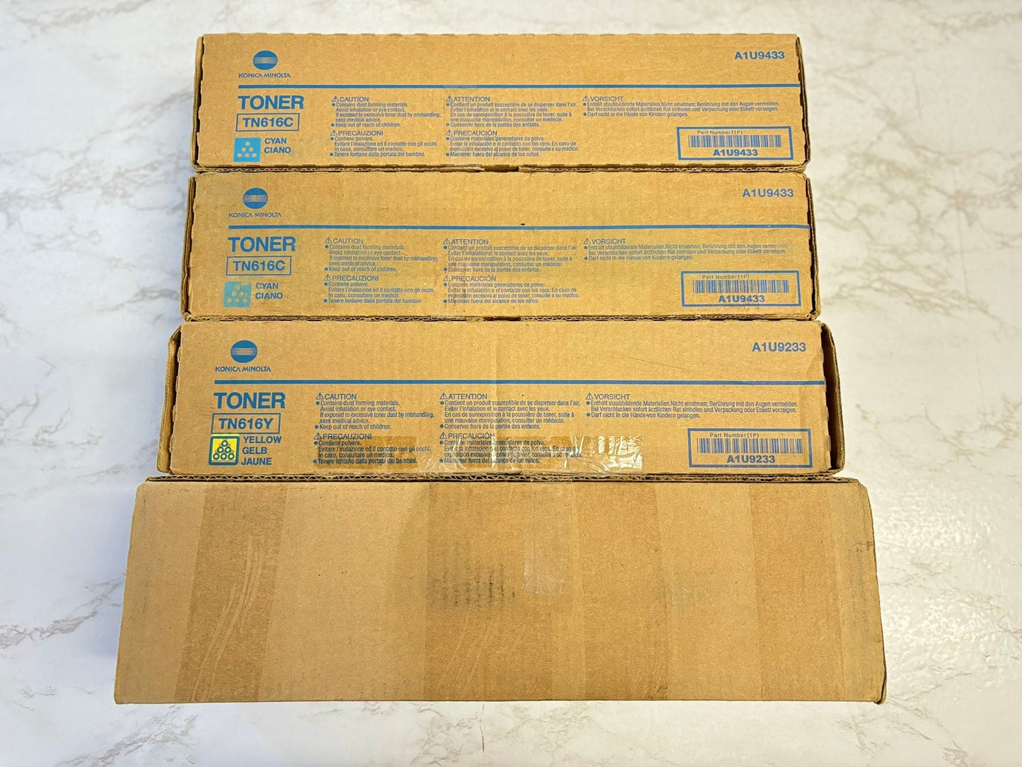 4 New OEM Konica Minolta BH C6000, C7000 TN616 CCYK Toners (No Magenta)