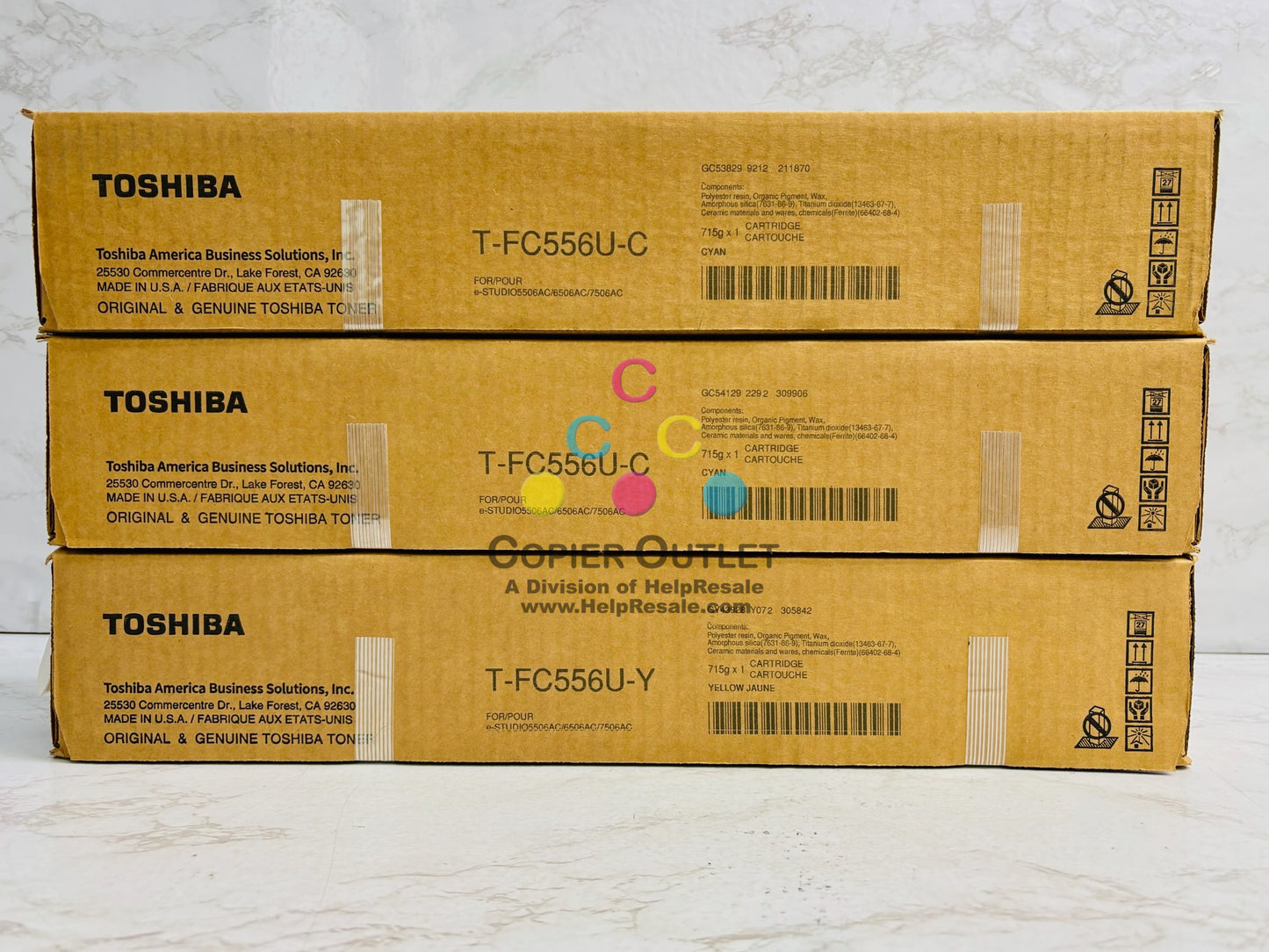 3 Genuine Toshiba eSTUDIO 5506, 5606 Cyan & Yellow Toner T-FC556U