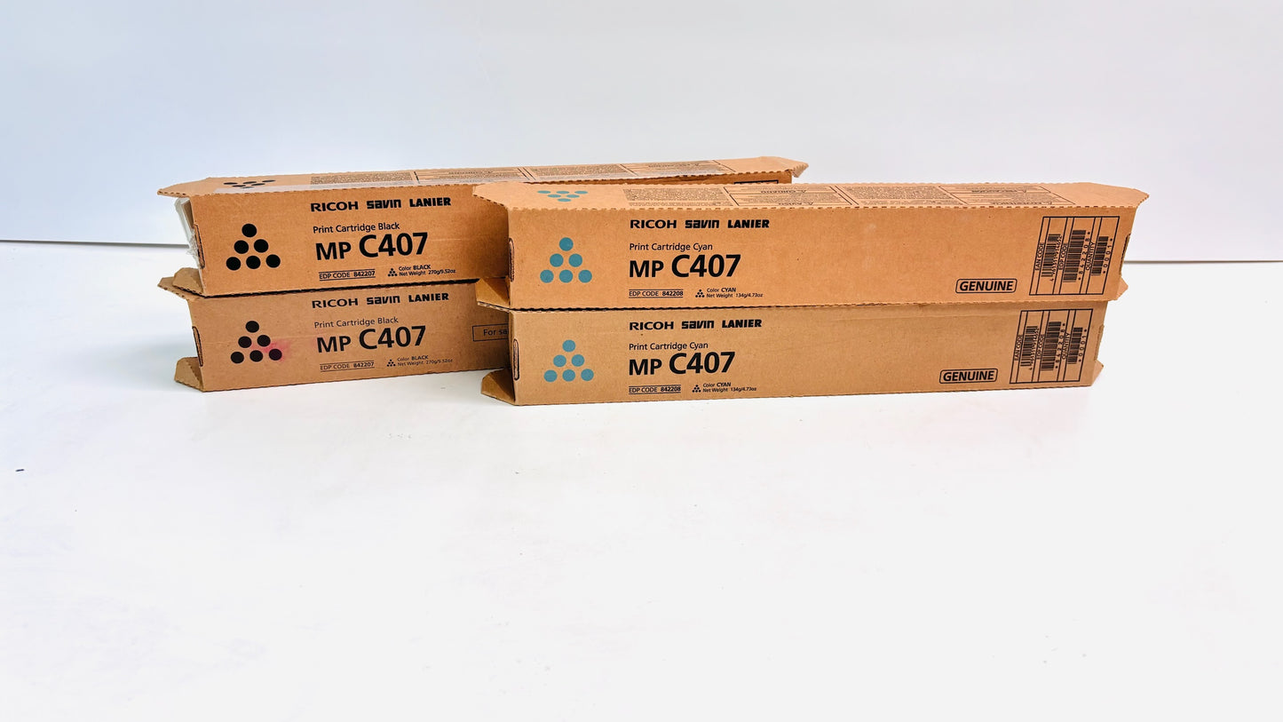 4 New Genuine Ricoh MPC407 Cyan and Black Toners 842207, 842208