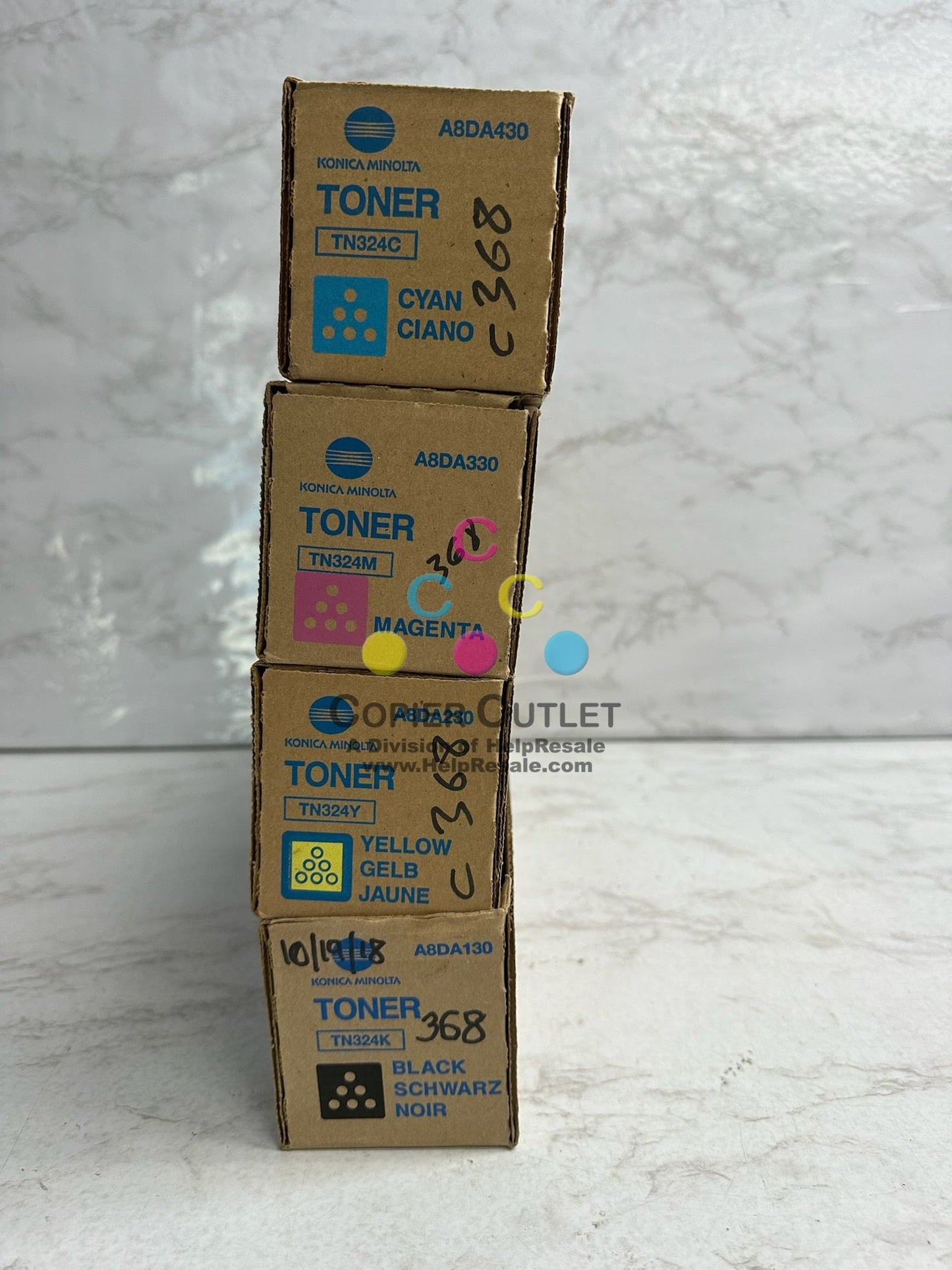 4 New Genuine Konica Minolta Bizhub C258,C308,C368 CMYK Toners TN324