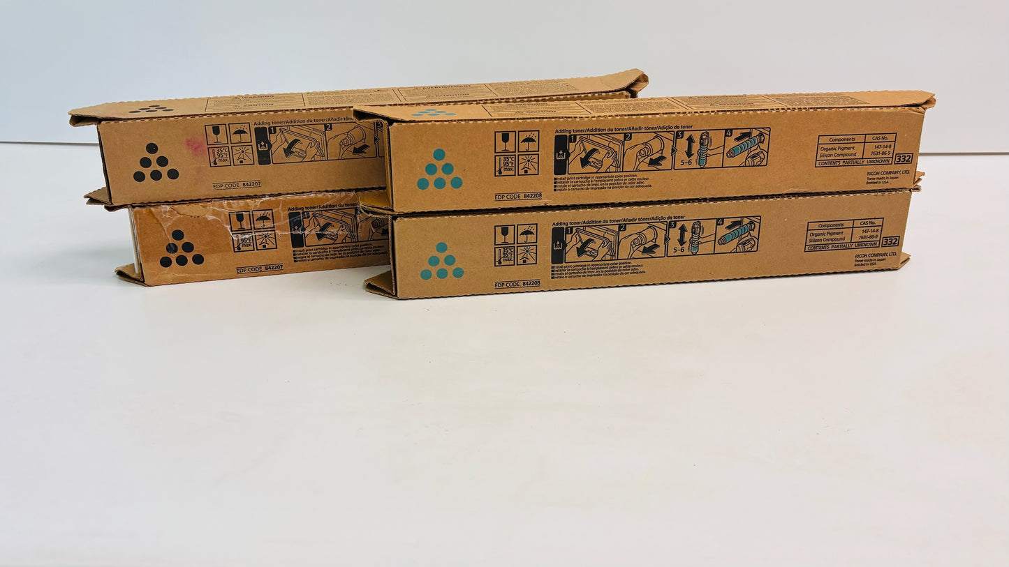 4 New Genuine Ricoh MPC407 Cyan and Black Toners 842207, 842208