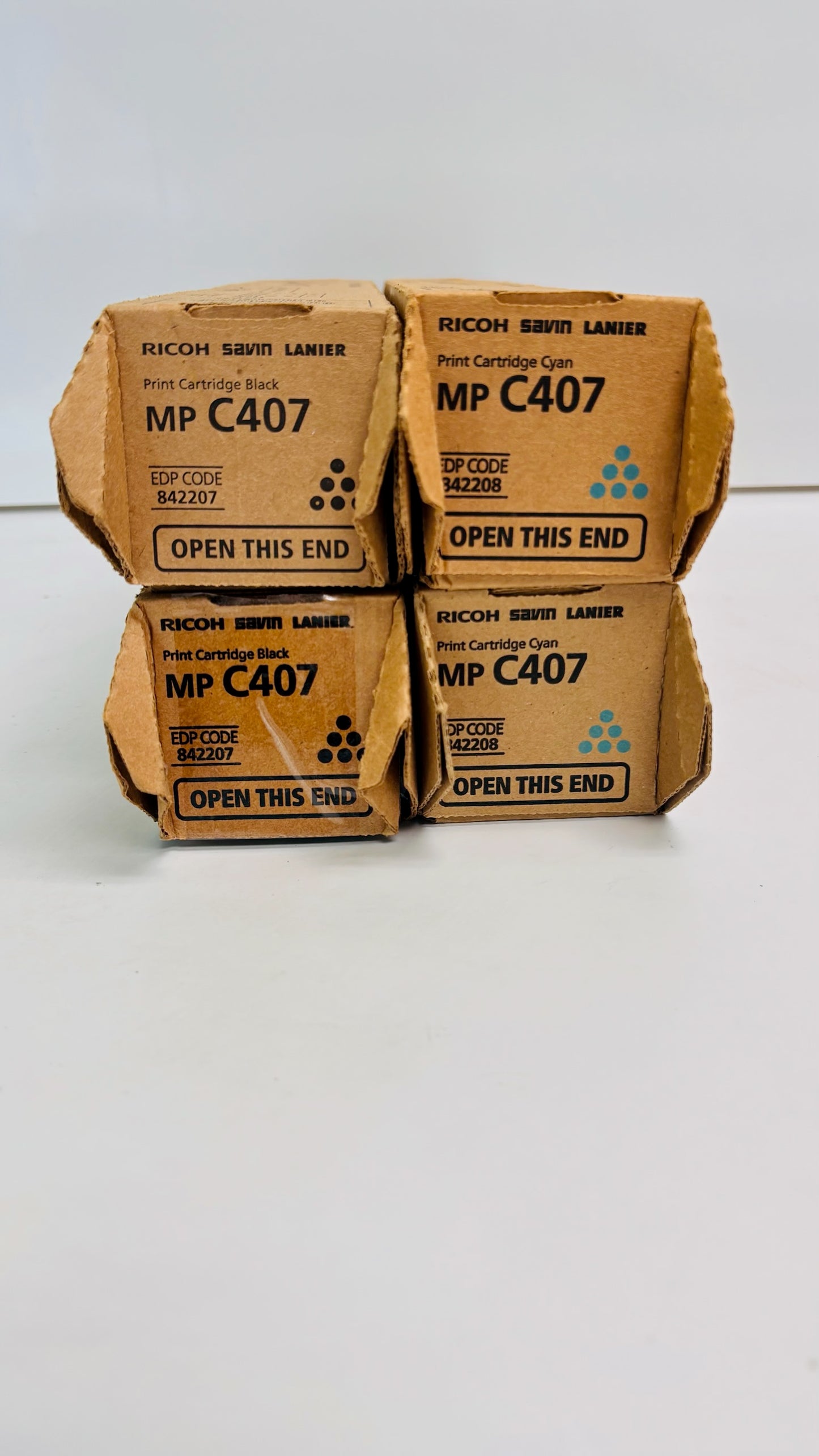 4 New Genuine Ricoh MPC407 Cyan and Black Toners 842207, 842208