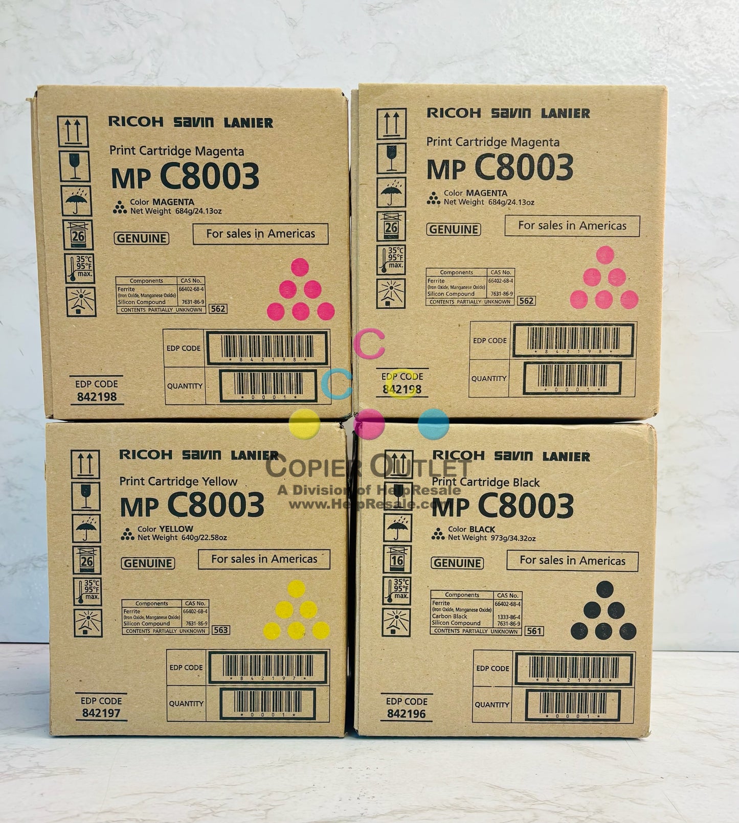 4 OEM Ricoh MPC8003,C6500 Mag, Yel & Black Toner 842196,842197,842198