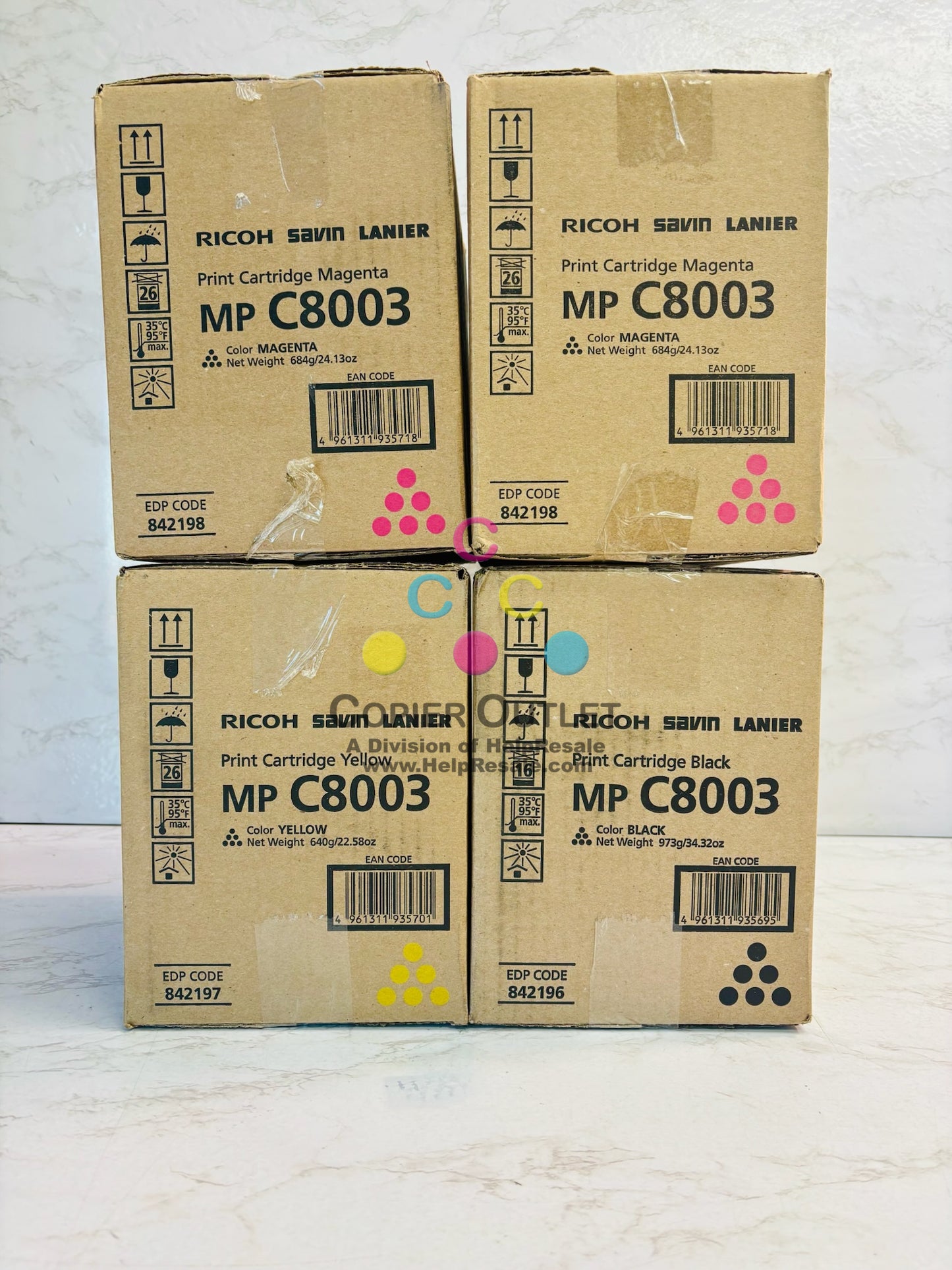 4 OEM Ricoh MPC8003,C6500 Mag, Yel & Black Toner 842196,842197,842198