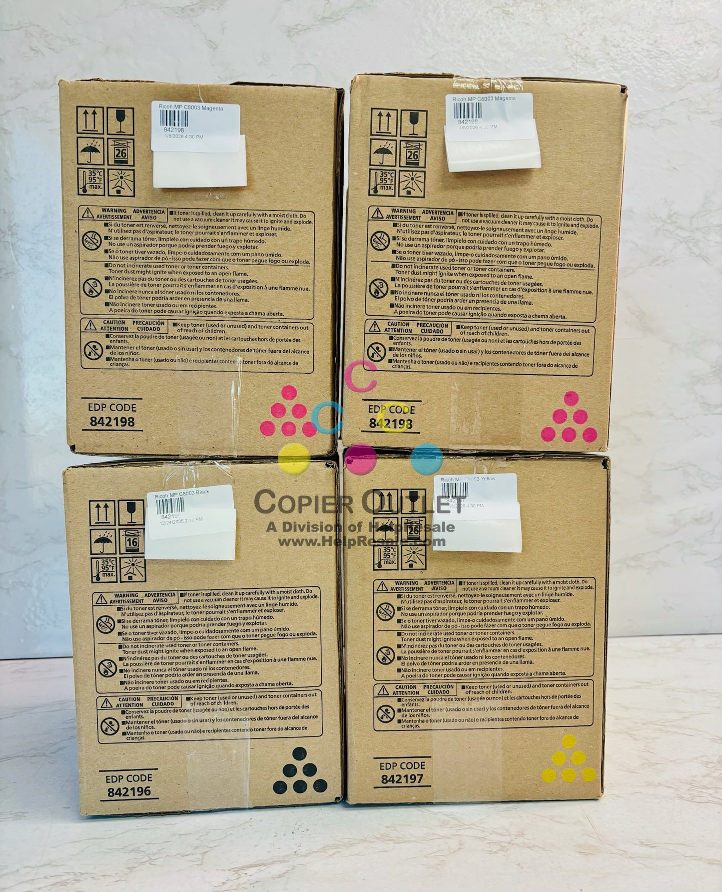 4 OEM Ricoh MPC8003,C6500 Mag, Yel & Black Toner 842196,842197,842198