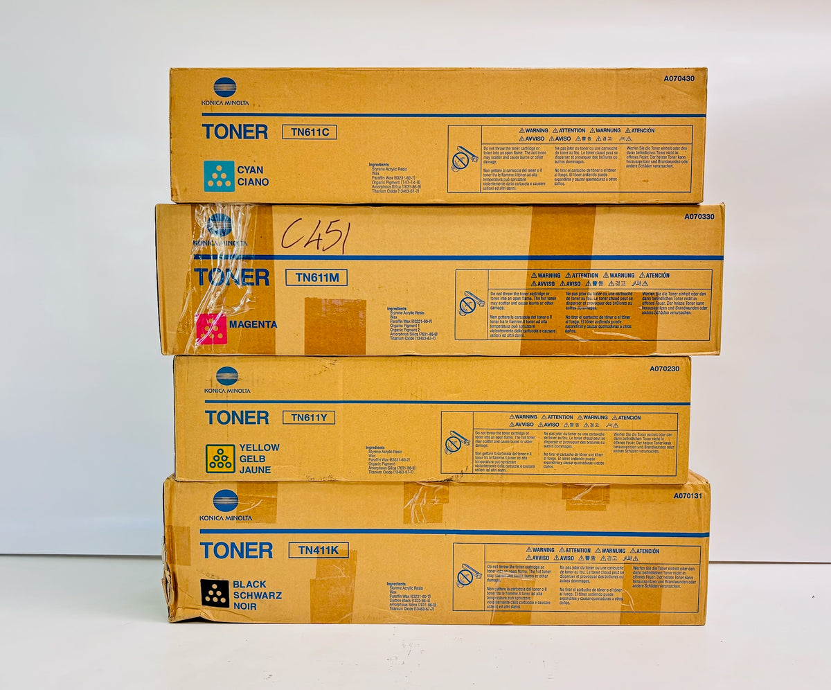 4 Genuine Konica BizHub C451 Toners TN611C, TN611M, TN611Y, TN411K Same Day Ship