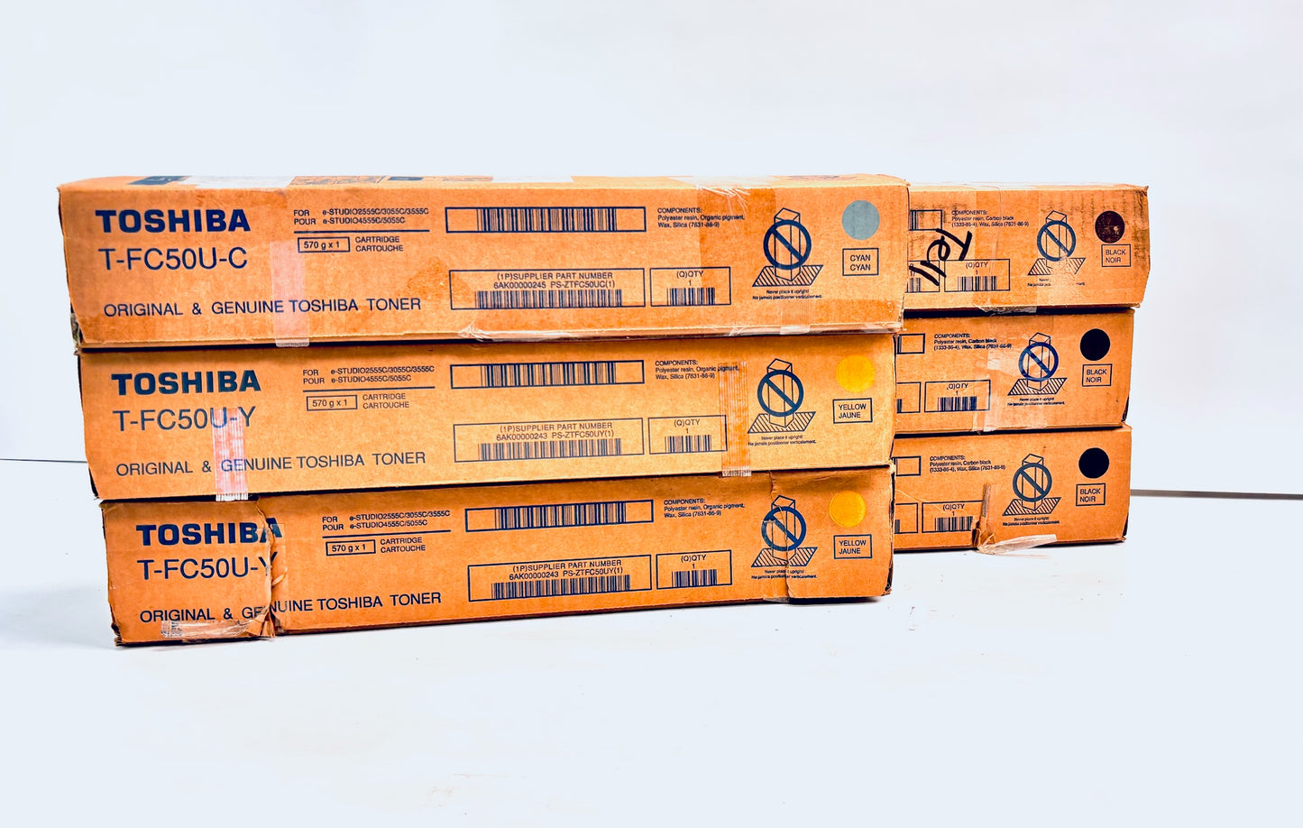 6 Open Genuine Toshiba 2555C,5055CG Cyan, Yellow & Black Toner T-FC50U-CYYKKK
