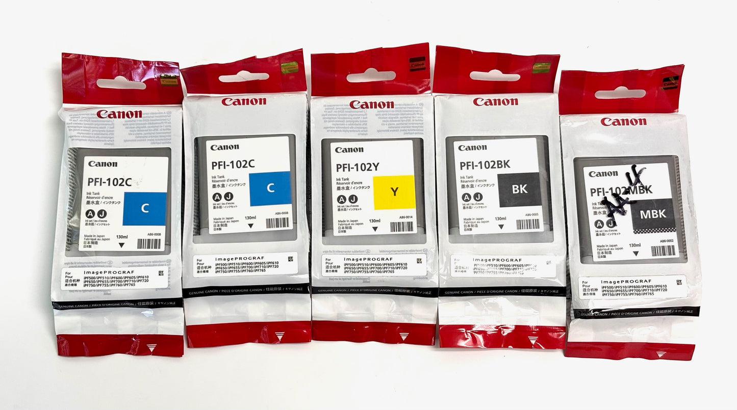 5 OEM Canon ImagePROGRAF iPF500, iPF650 CC,Y,BK,MBK PFI-102(Exp 2020-2024)