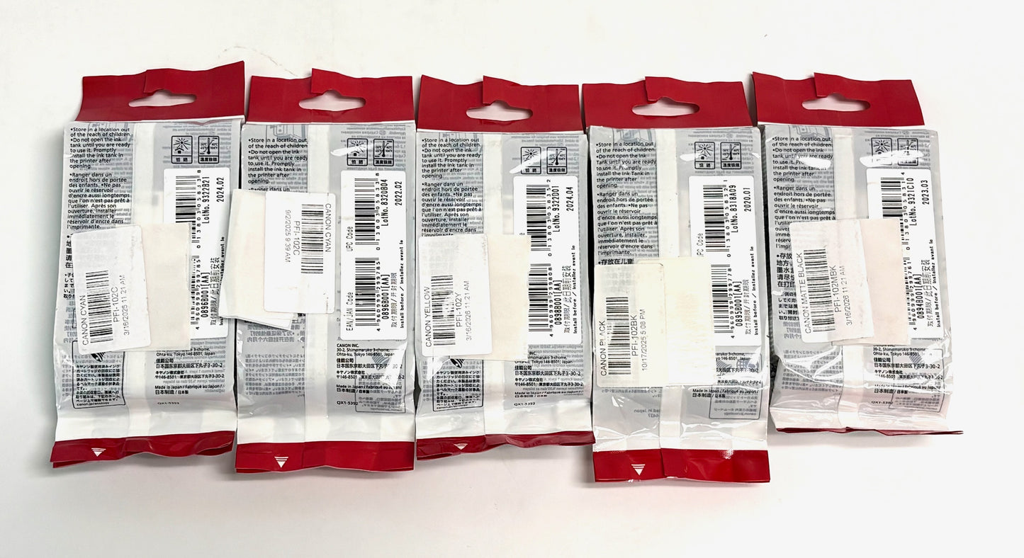 5 OEM Canon ImagePROGRAF iPF500, iPF650 CC,Y,BK,MBK PFI-102(Exp 2020-2024)