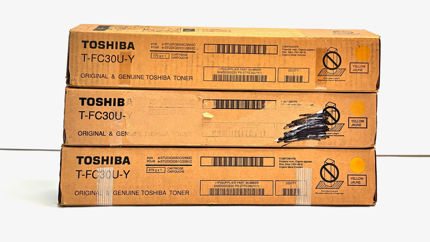 3 Genuine Toshiba e-STUDIO 2050C, 2551C Yellow Toners TFC30UY, T-FC30U-Y