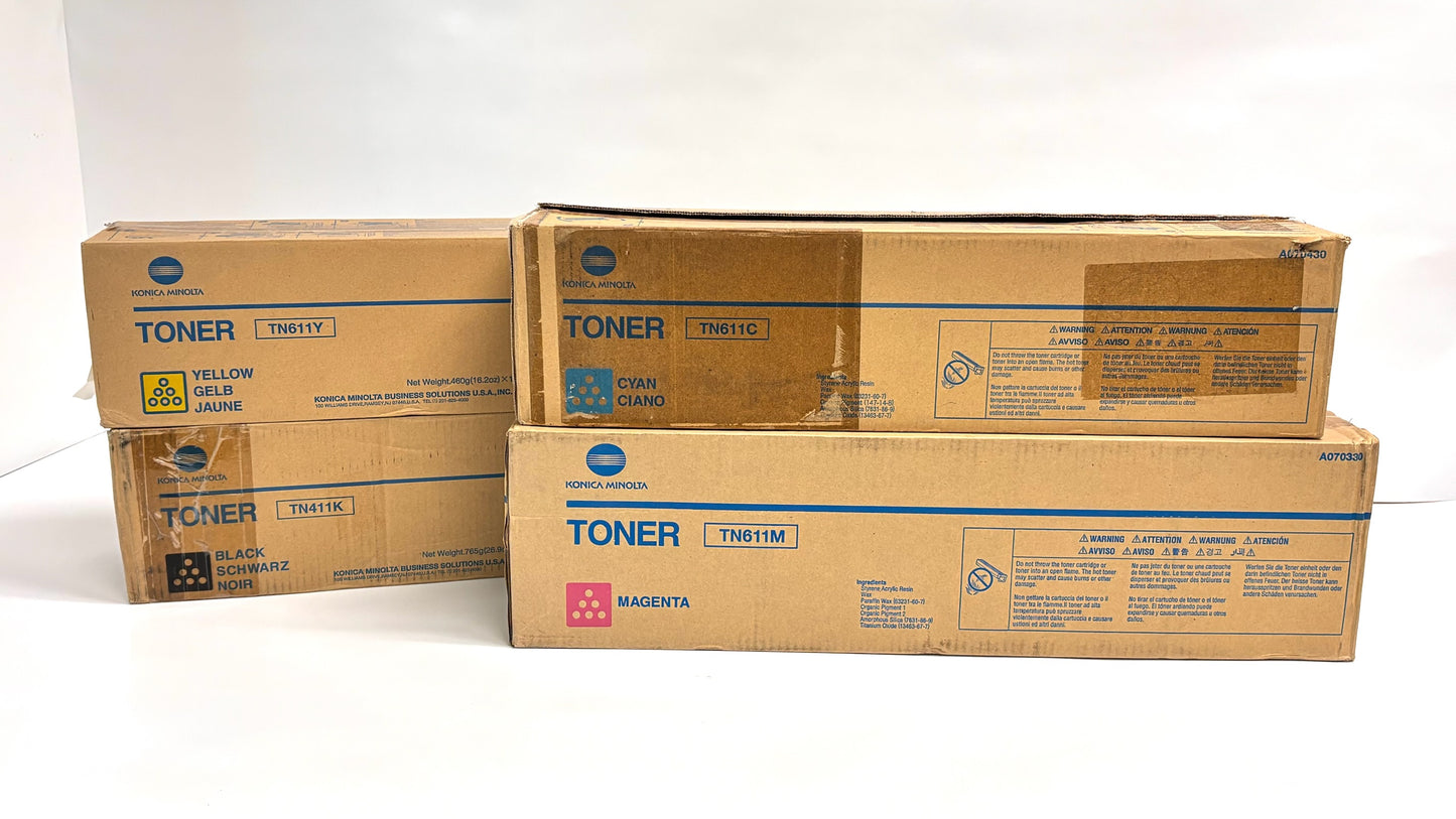 4 Open Genuine Konica BHC451 Cyan Magenta Yellow & Black Toners TN611CMY, TN411K