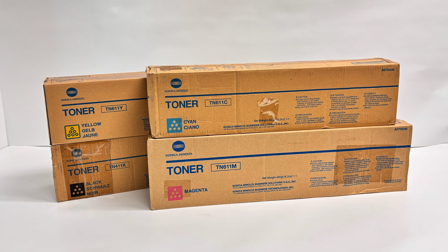 4 Open Genuine Konica BHC451 Cyan Magenta Yellow & Black Toners TN611CMY, TN411K