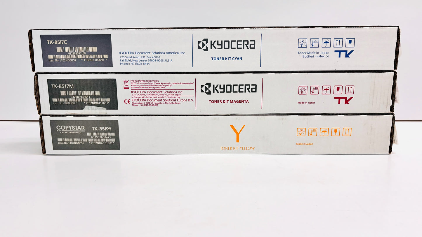 3 OEM Kyocera  5052ci, 5053ci Cyan, Mag, Yellow Toners TK-8517C,M TK-8519Y