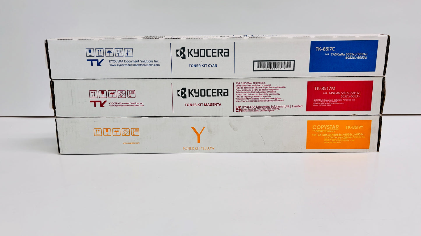 3 OEM Kyocera  5052ci, 5053ci Cyan, Mag, Yellow Toners TK-8517C,M TK-8519Y