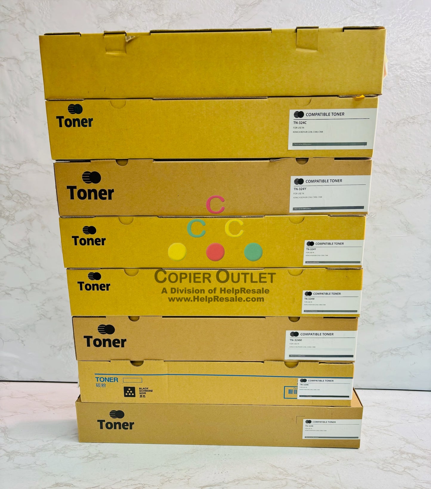 8 Unbranded Konica C258,C308,C368 Cyan, Magenta, Yellow & Black Toner TN324 CMYK