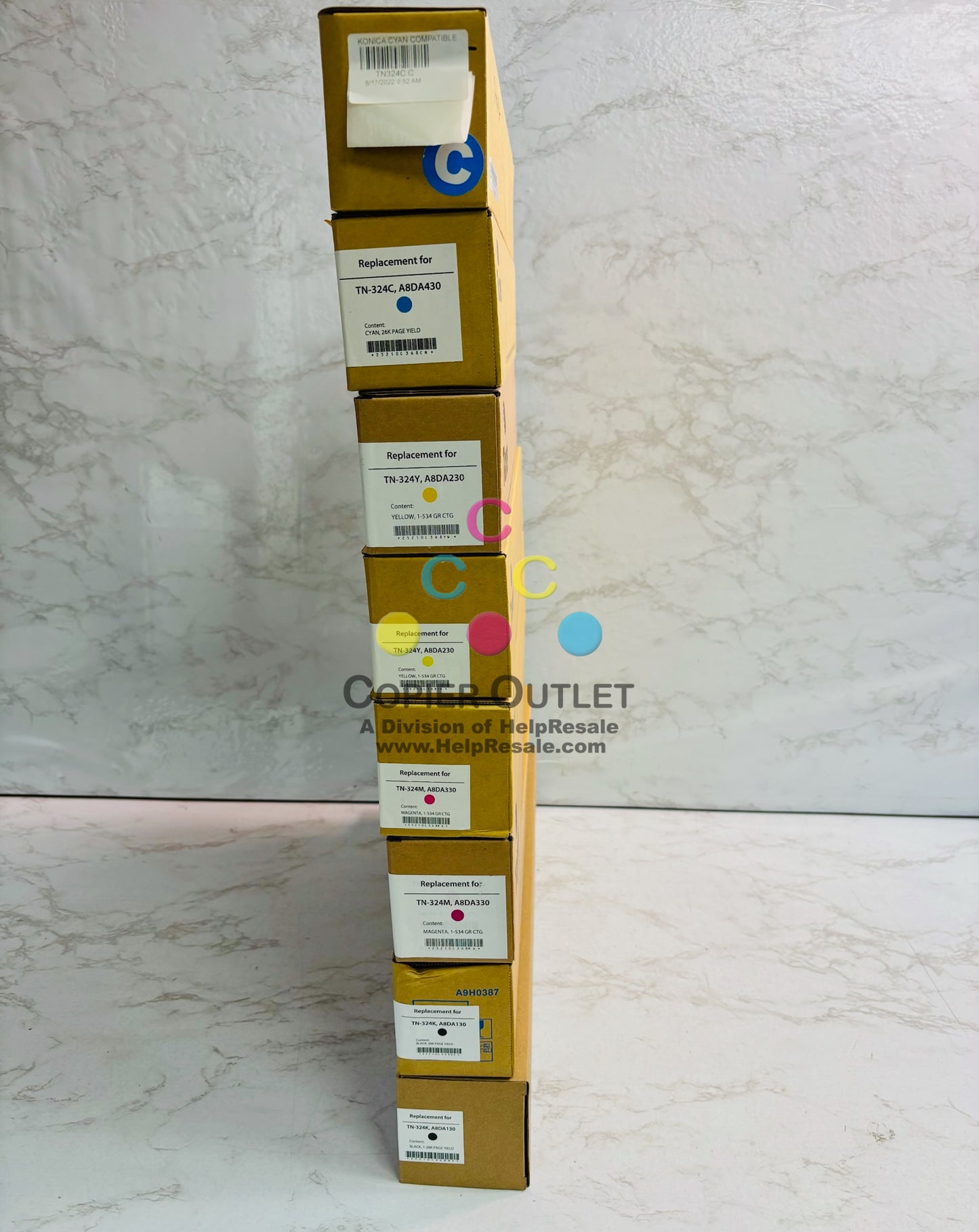 8 Unbranded Konica C258,C308,C368 Cyan, Magenta, Yellow & Black Toner TN324 CMYK