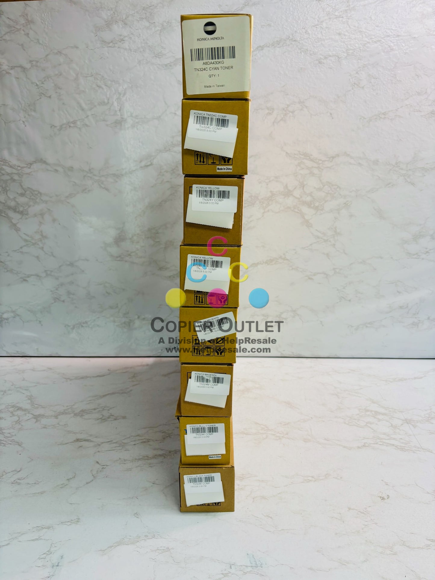 8 Unbranded Konica C258,C308,C368 Cyan, Magenta, Yellow & Black Toner TN324 CMYK