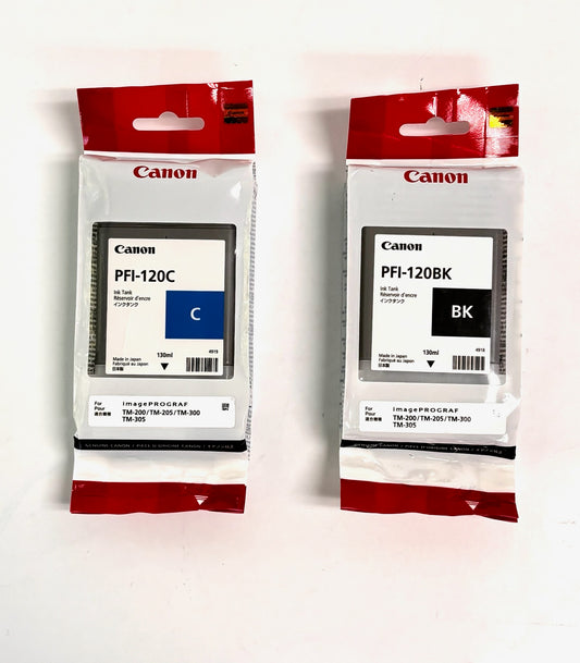 2 OEM Canon imagePROGRAF iPF500, iPF510 Cyan, Black Ink Units PFI-120 (Exp:2020)