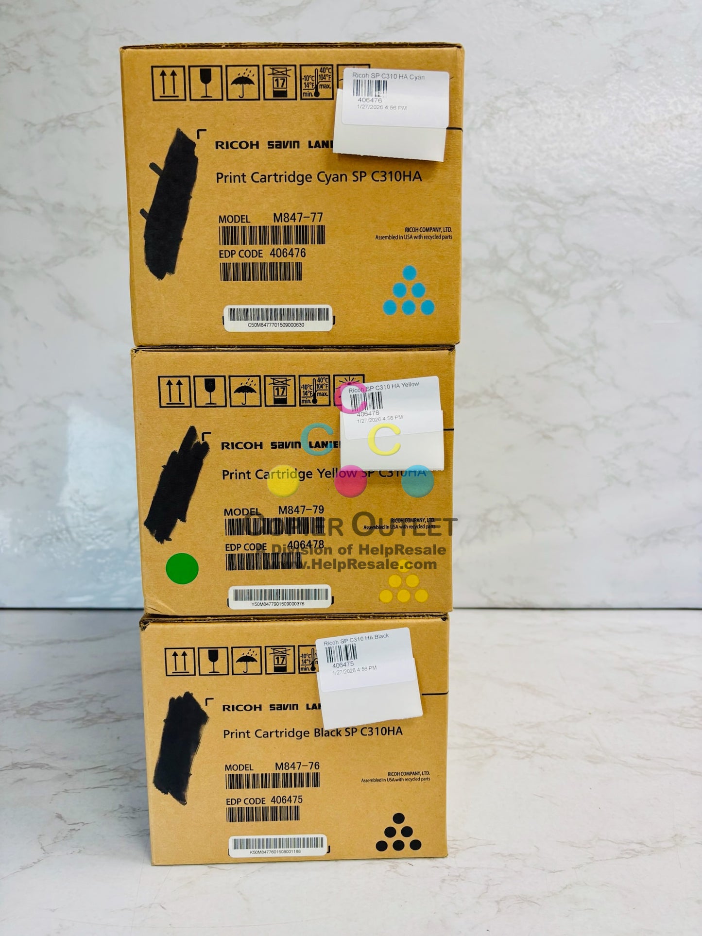 3 Genuine Ricoh SP310HA,SPC231N Cyan,Yell,& Black High Yield Toner 406475,76,78