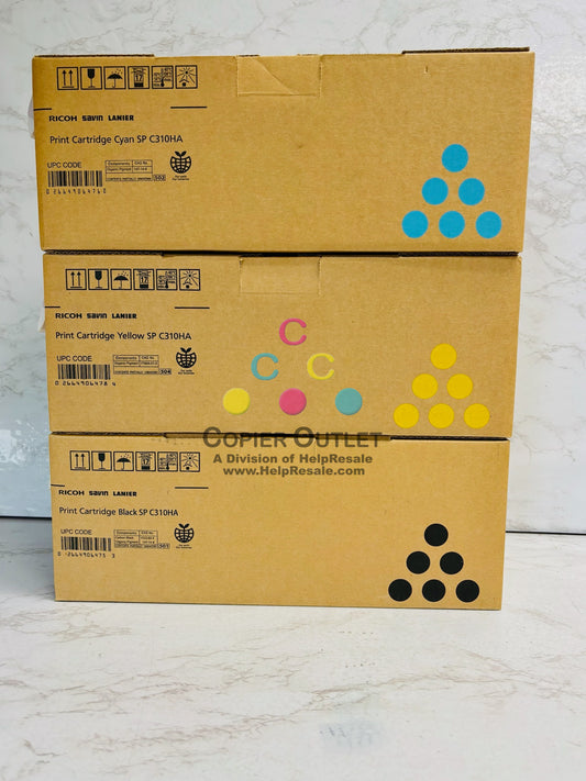 3 Genuine Ricoh SP310HA,SPC231N Cyan,Yell,& Black High Yield Toner 406475,76,78