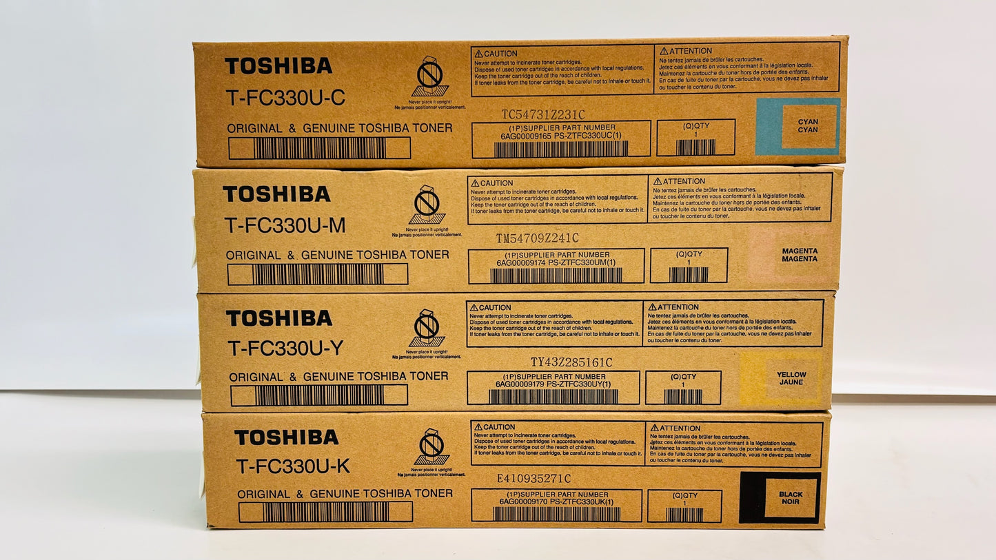 4 Genuine Toshiba 400AC,330AC Cyan, Magenta, Yellow, & Black Toner T-FC330U-CMYK