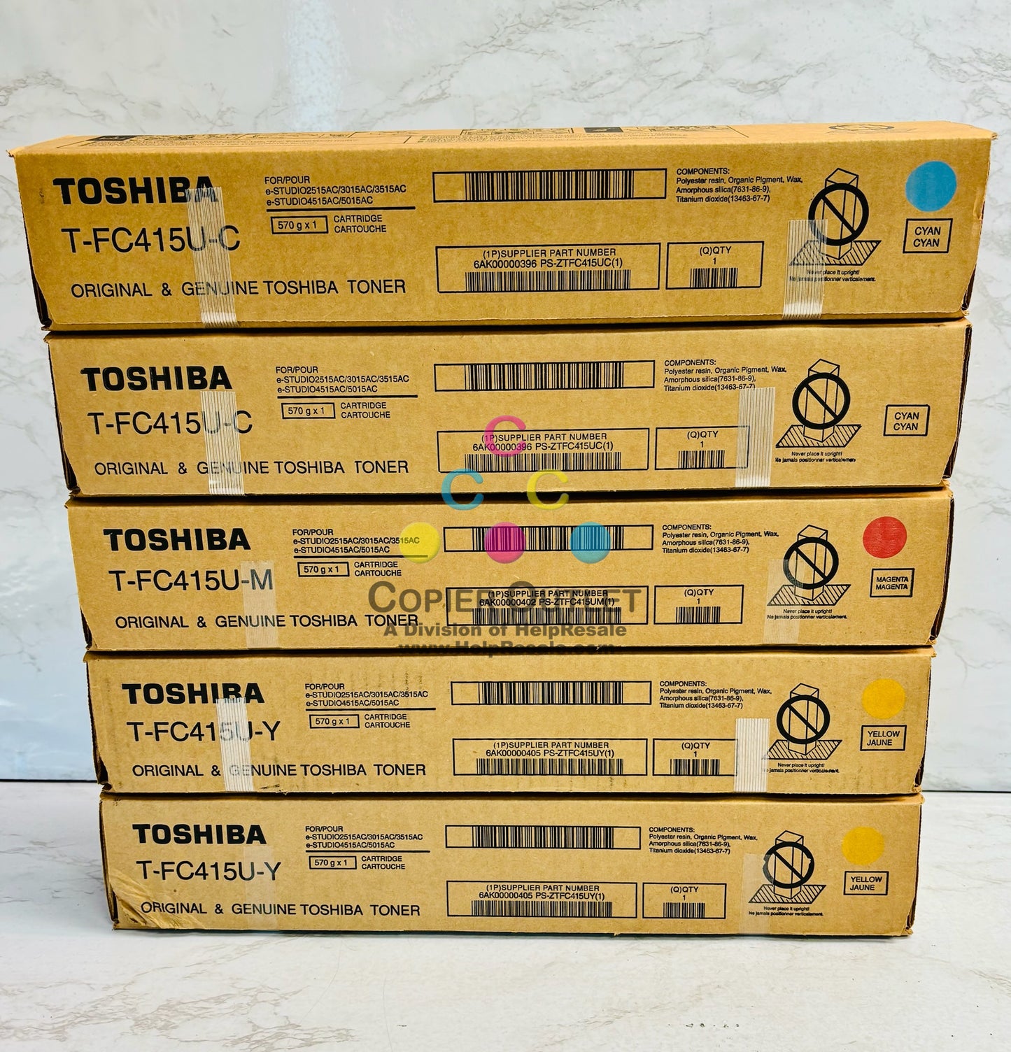 5 OEM Toshiba eStudio 2515AC,3015AC Cyan, Magenta & Yellow Toner T-FC415U CMY
