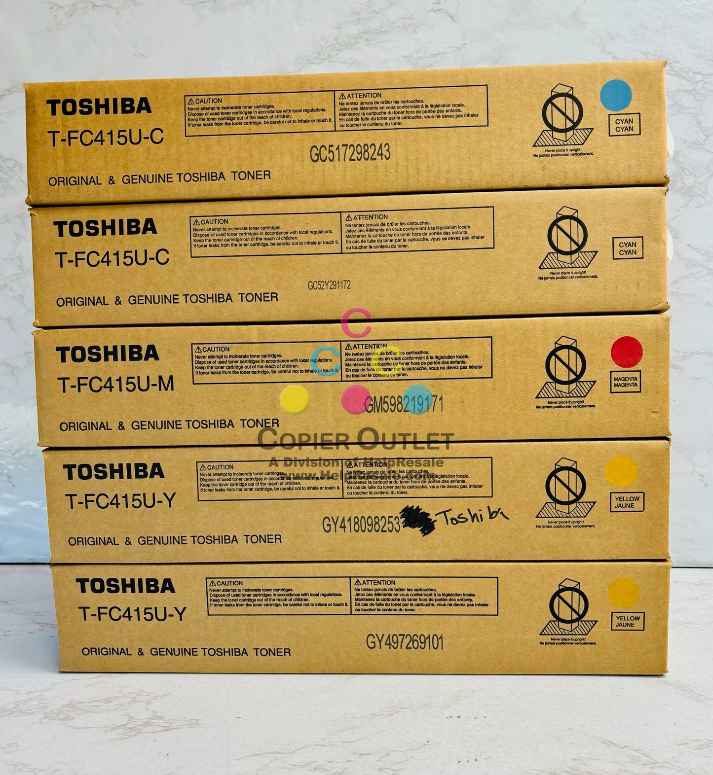 5 OEM Toshiba eStudio 2515AC,3015AC Cyan, Magenta & Yellow Toner T-FC415U CMY