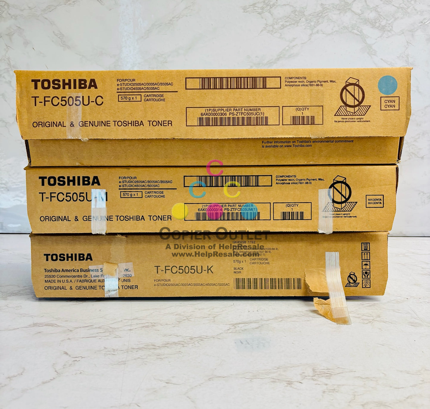 3 Open OEM Toshiba e-studio 2505AC,3005AC Cyan, Magenta & Black Toner T-FC505U