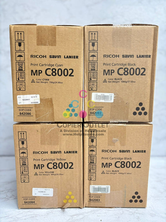 4 Genuine Ricoh MP C6502SP,C8002SP C8002 CYKK Toner Cartridges 842086,84,83