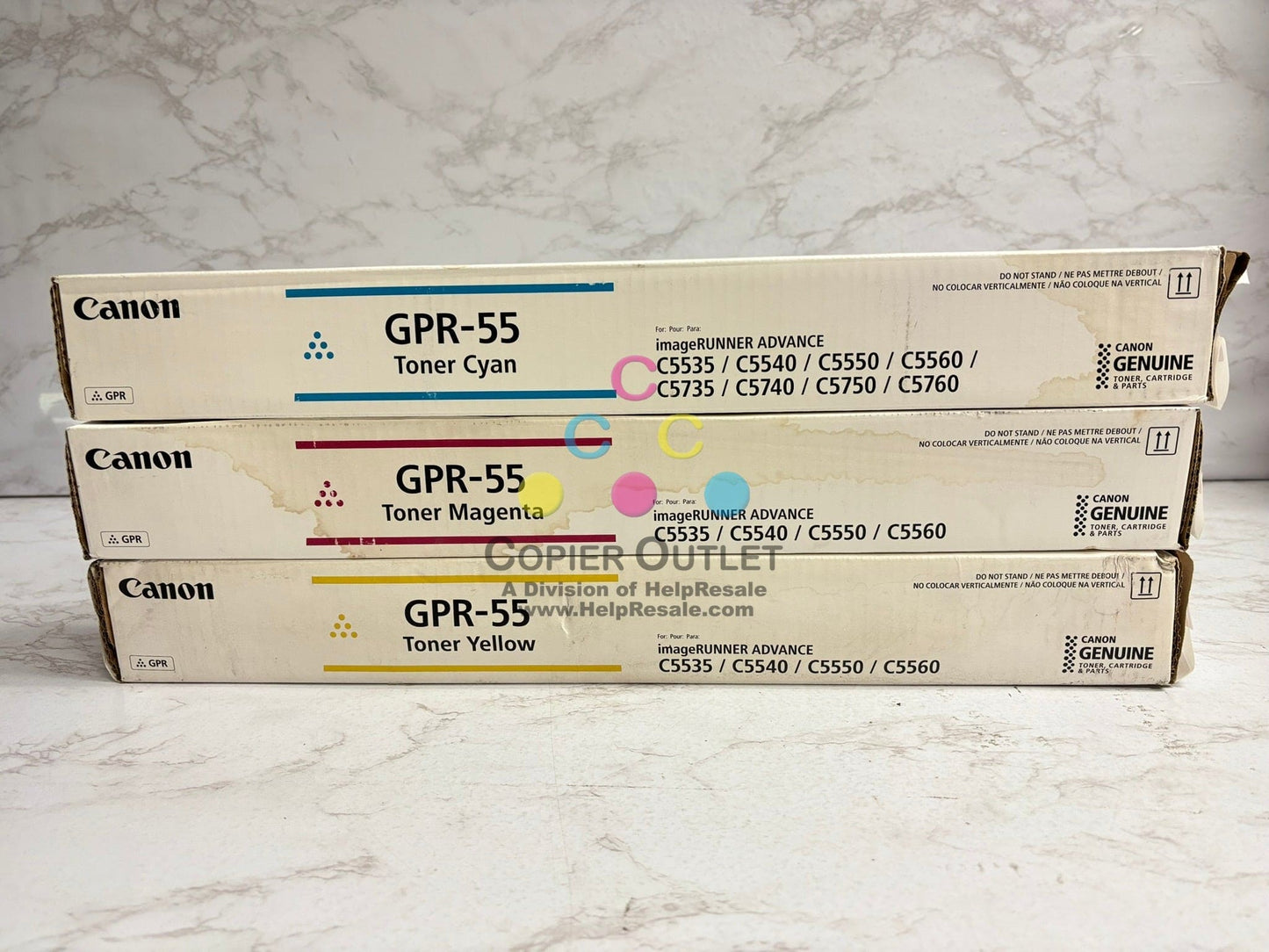 3 OEM Canon iR ADV C5535,C5540,C5550,C5560 GPR-55 CMY Toners (Water Damaged Box)