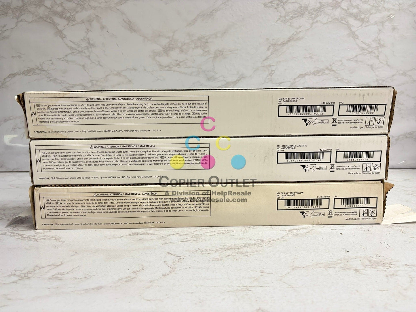 3 OEM Canon iR ADV C5535,C5540,C5550,C5560 GPR-55 CMY Toners (Water Damaged Box)