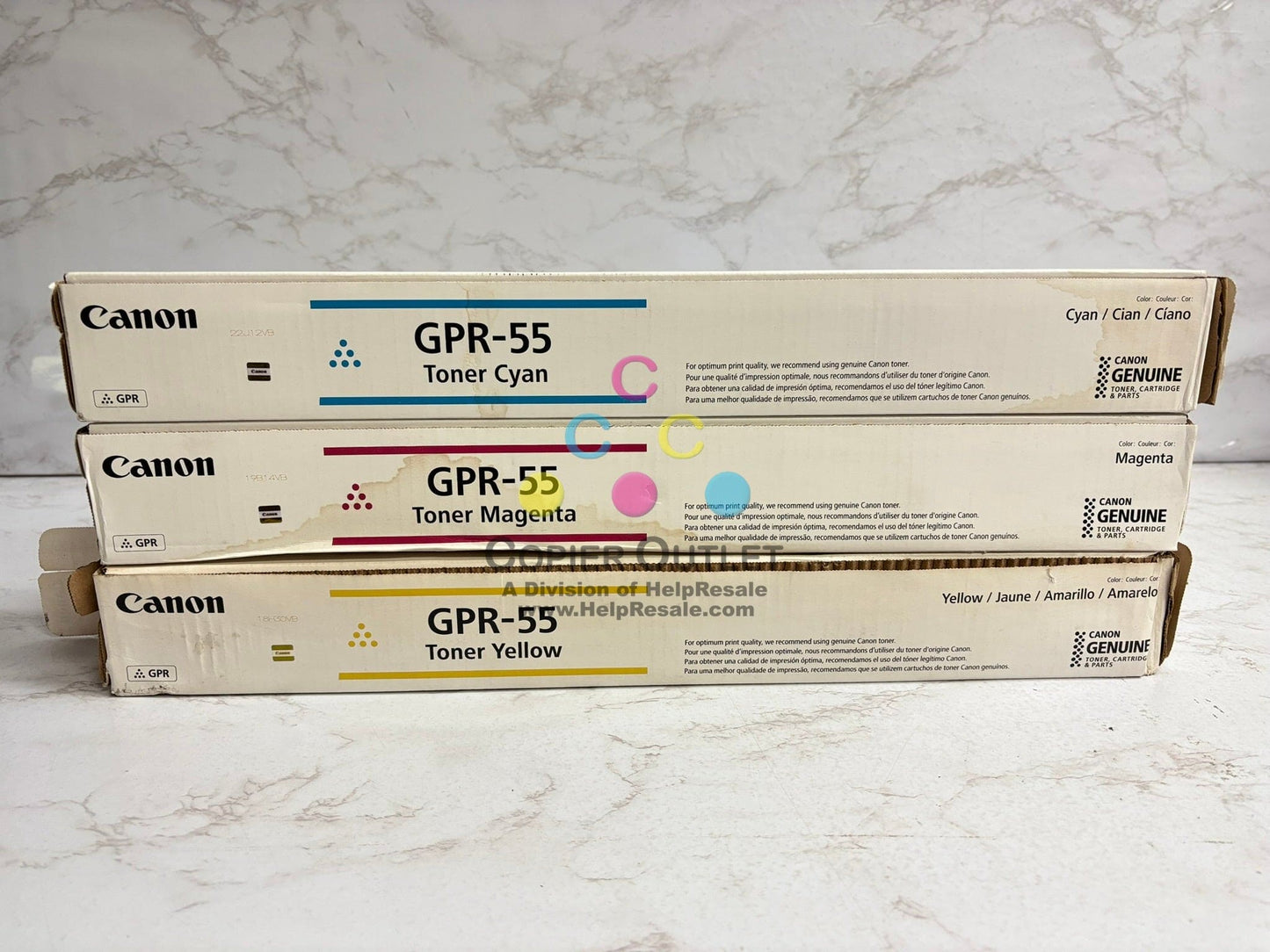 3 OEM Canon iR ADV C5535,C5540,C5550,C5560 GPR-55 CMY Toners (Water Damaged Box)