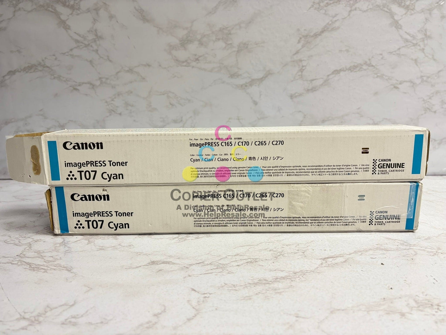2 Genuine Canon imagePRESS C165,C170,C265,C270 T07 Cyan Toners (1 new & 1 open)