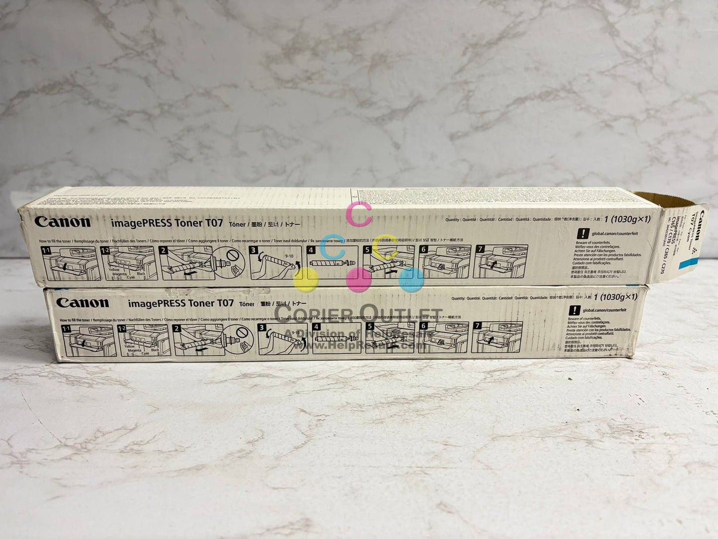 2 Genuine Canon imagePRESS C165,C170,C265,C270 T07 Cyan Toners (1 new & 1 open)