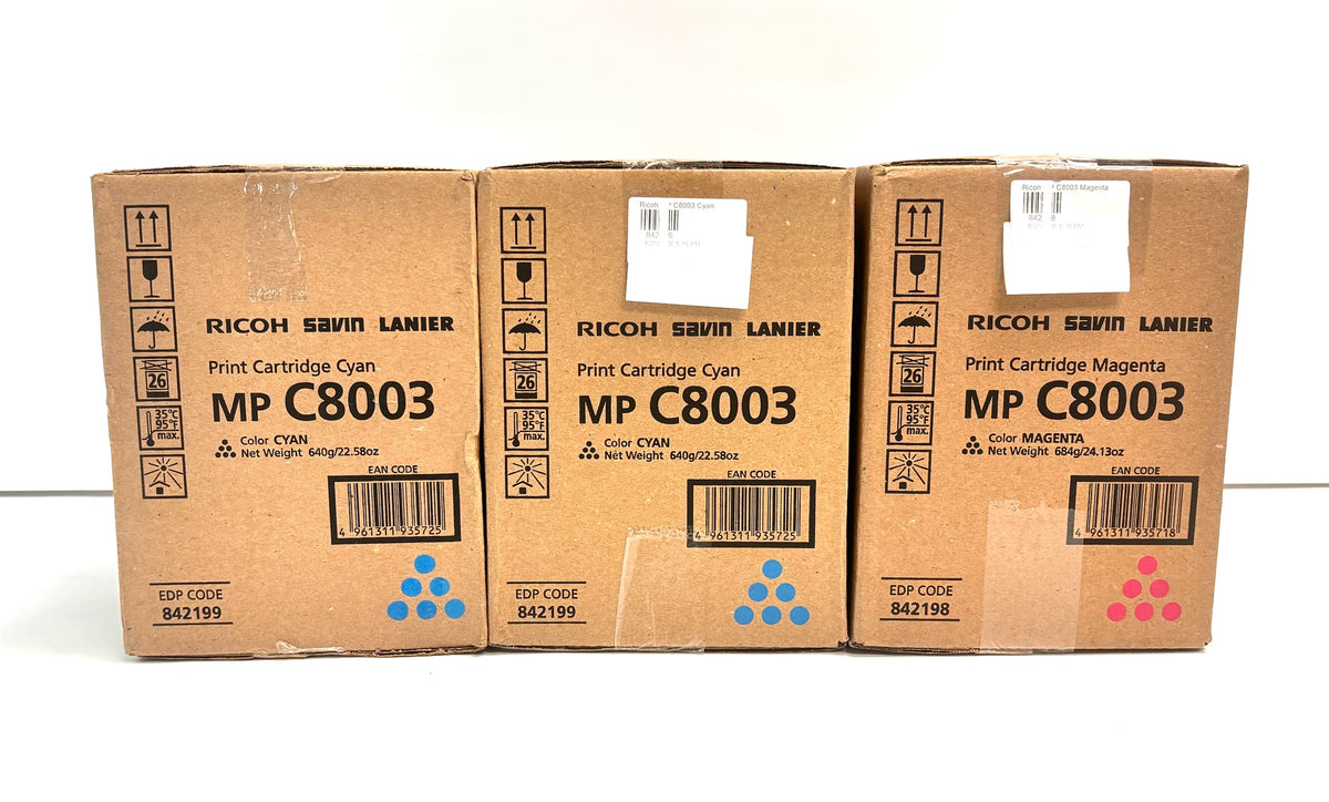 3 OEM Ricoh C8003, IM C6500, IM C8000 Cyan & Magenta Toners 842198,842199